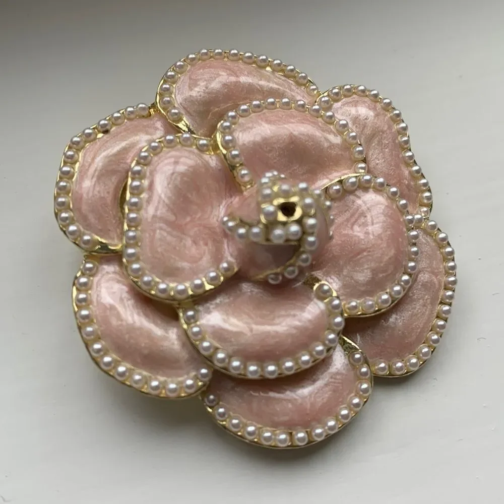 Camellia Lapel Pin in Pink Enamel with Faux Pearls & Gold Tone Bro-Brooch